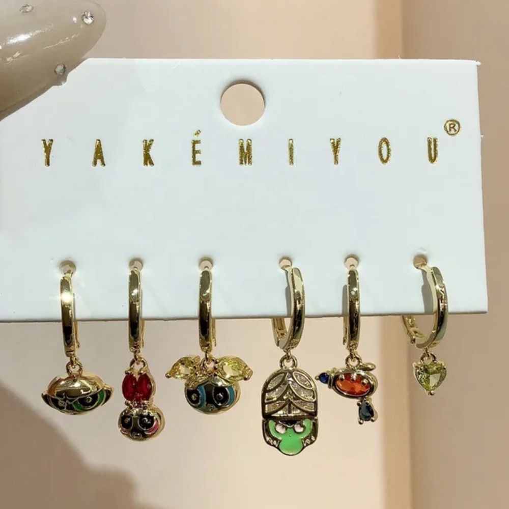 14K Gold Cartoon Network Power Puff Girls  Theme Hoop Mismatched Earrings Set